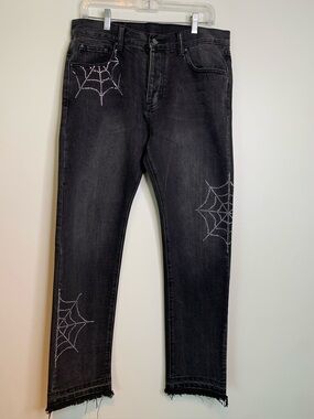 MNML Black Streetwear Goth Punk Frayed Hem Pants 33” Rhinestone Spiderweb